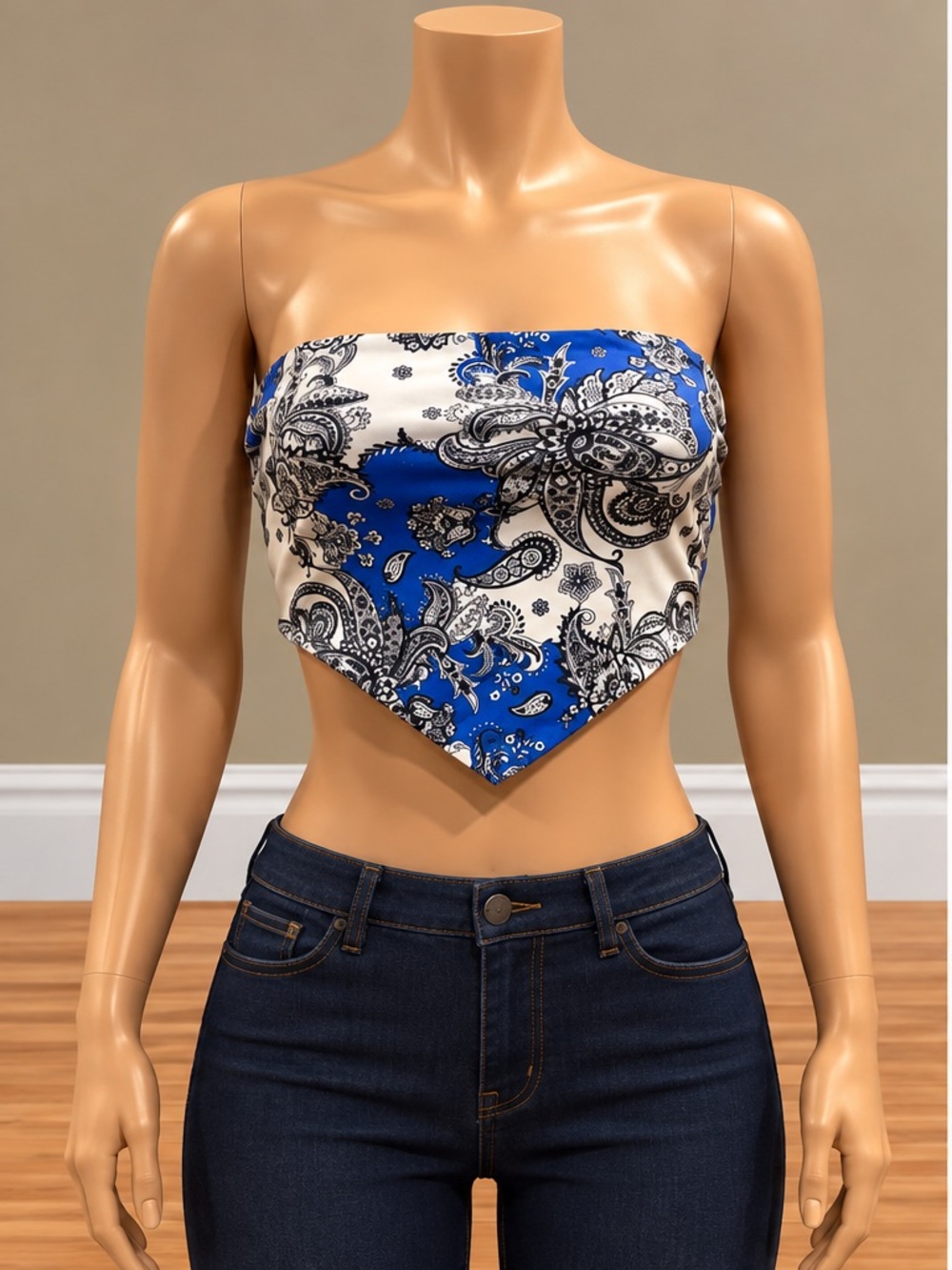 Baddieville Blue Paisley Bandana Scarf Top Strapless Backless Tie Back Y2K